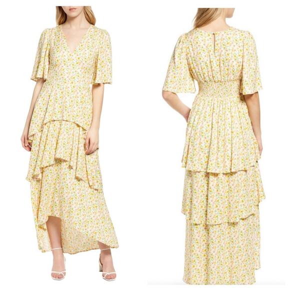 FOURTEENTH PLACE Yellow Floral Tiered High-Low  Flutter Sleeve Maxi Dress Womens - Picture 1 of 11